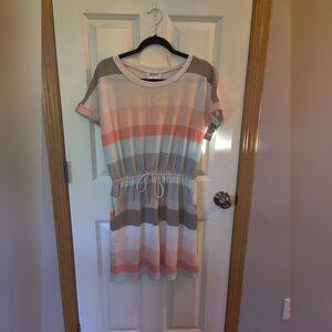 Striped Short Sleeve Dress with Drawstring
